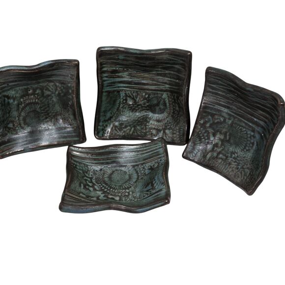 Art Pottery Sauce/ Ring/ Chopstick Holders x4 Art Pottery Abstract Green rustic - Picture 1 of 16
